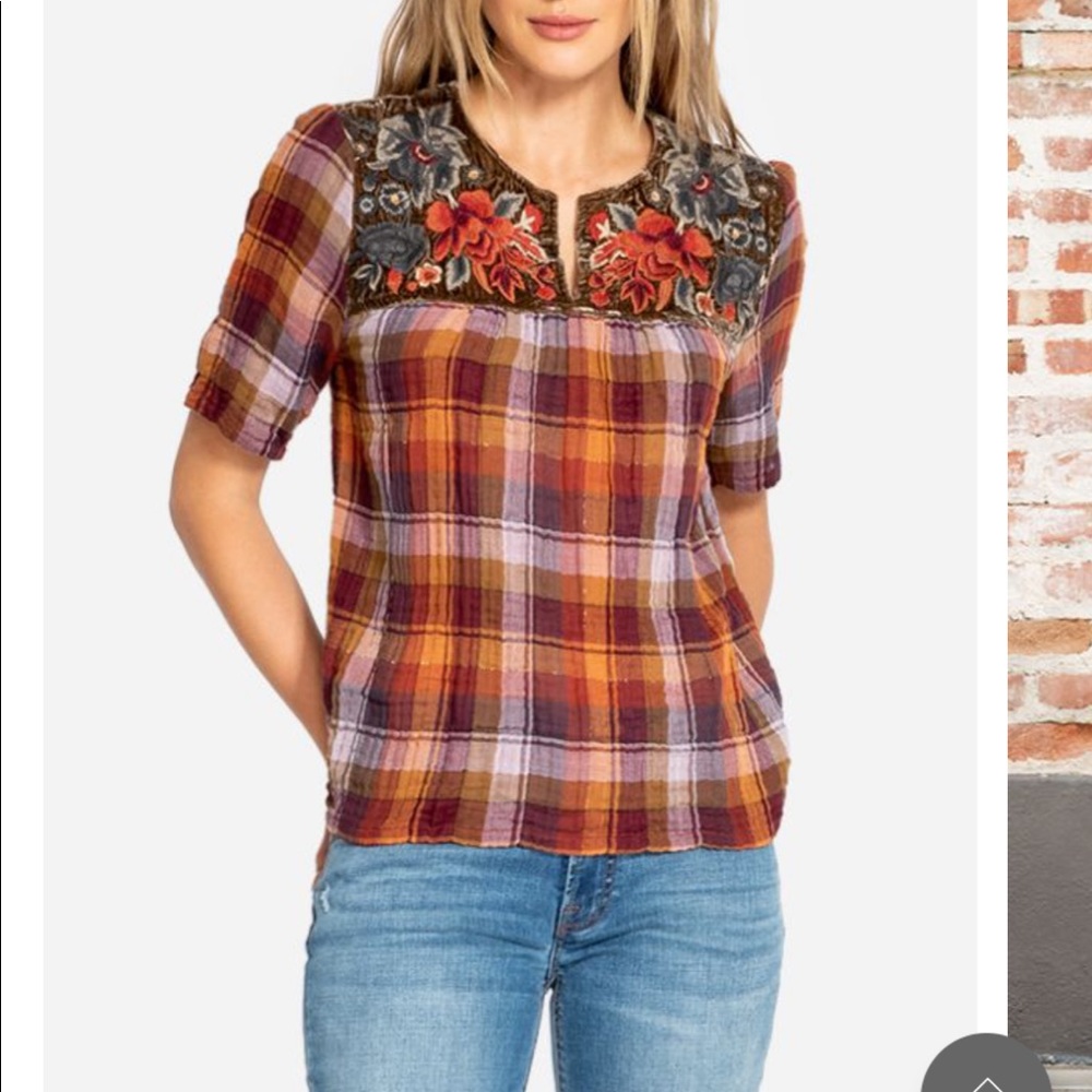 Johnny Was Plaid Embroidered Top